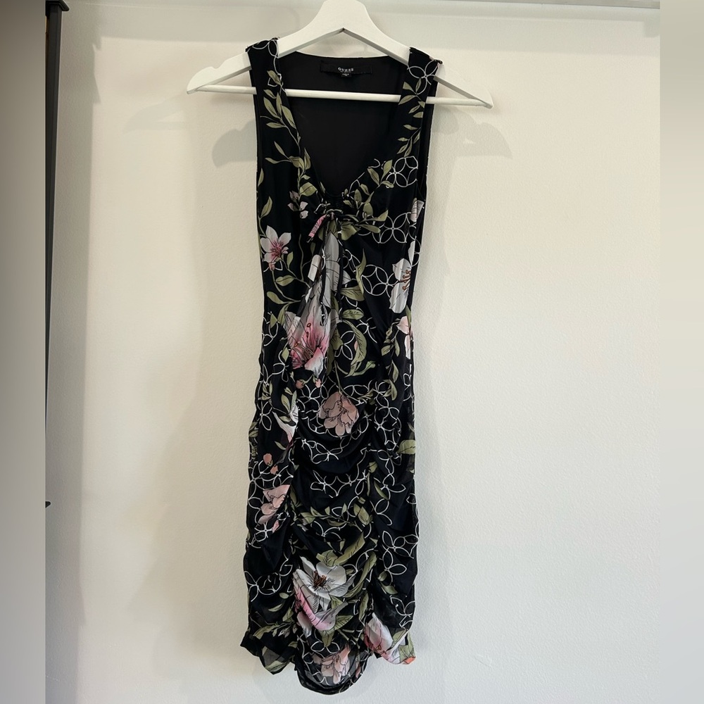 Guess Bodycon Ruched Black Floral Mini Dress XS